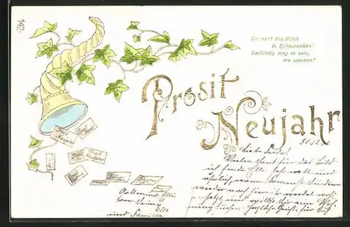 Präge-Lithographie Prosit Neujahr, Glückwünsche fallen aus dem Horn
