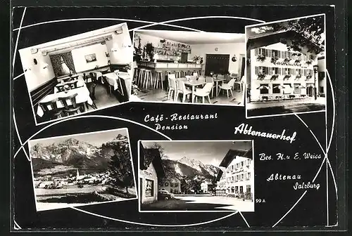 AK Abtenau, Café-Restaurant Abtenauerhof, Aussen- und Innenansichten, Ortspanorama