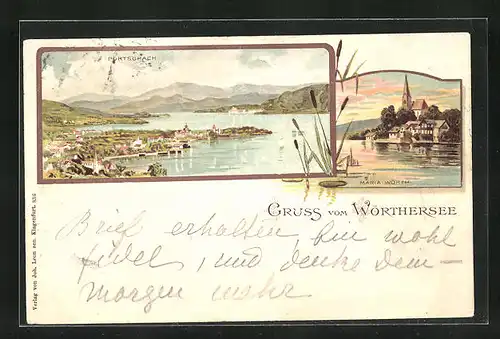 Lithographie Pörtschach, Totalansicht, Teilansicht von Maria Wörth