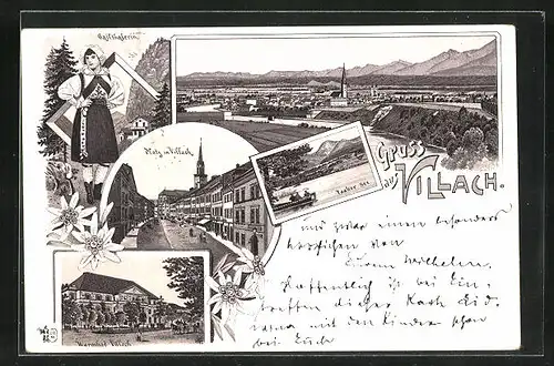 Lithographie Villach, Platz & Warmbad, Faaker See, Gesamtansicht, Gailthalerin in Tracht