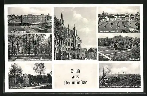 AK Neumünster, am Grossflecken, am Bahnhof, Renkspark, Eisenbahn-Hauptwerkstätte