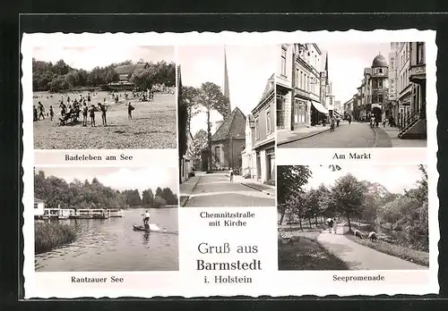 AK Barmstedt / Holstein, Rantzauer See, Seepromenade, Markt, Chemnitzstrasse mit Kirche