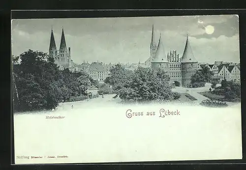 Mondschein-AK Lübeck, Teilansicht mit Holstenthor