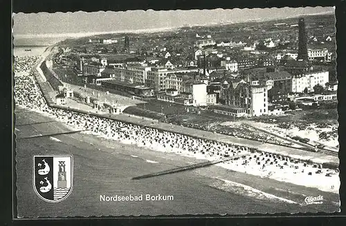 AK Borkum / Nordsee, Gesamtansicht, Wappen
