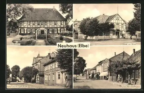 AK Neuhaus / Elbe, Friedrich-Engels-Strasse. Karl-Marx-Strasse, Krankenhaus, Hotel zur Börse
