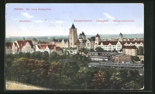 AK Posen / Poznan, Akademie, Residenzschloss und Oberpostdirektion