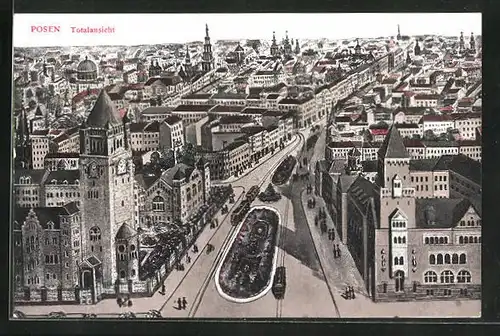 AK Posen / Poznan, Totalansicht, Strassenbahnen