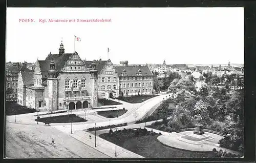 AK Posen / Poznan, Kgl. Akademie mit Bismarckdenkmal