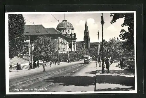 AK Posen / Poznan, Strassenbahnverkehr an der Paulikirche
