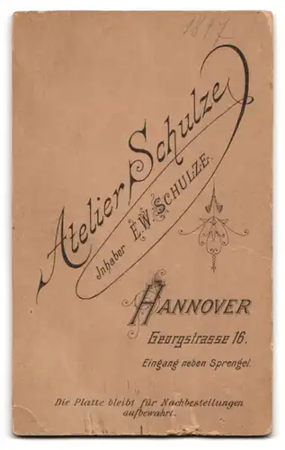 Fotografie E. W. Schulze, Hannover, Georgstrasse 16, Portrait junger Herr im Anzug mit Krawatte
