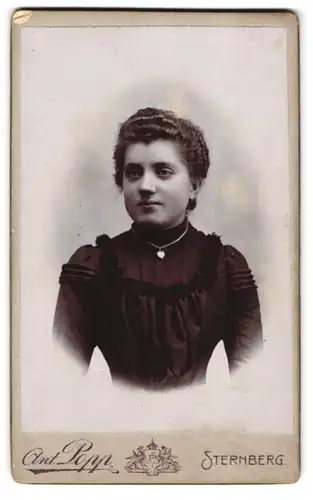 Fotografie Ant. Popp, Sternberg, Bismarck-Platz, Junge Dame mit Halskette und mit Rüschenbesetztem Kleid