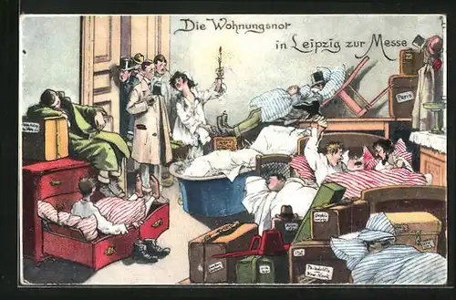 Künstler-AK Leipziger Messe, Die Wohnungsnot in Leipzig zur Messe