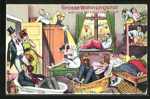 Künstler-AK Grosse Wohnungsnot während der Leipziger Messe