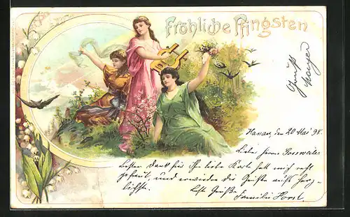Lithographie Pfingstgruss, Maid mit Harfe, Maiglöckchen und Schwalben