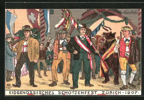 Künstler-AK Zürich, Eidgenössisches Schützenfest 1907, Heimkehr