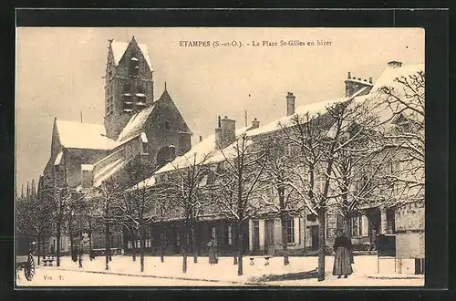 AK Étampes, La Place St-Gilles en hiver