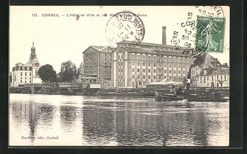 AK Corbeil, L`Hôtel de Ville et les Moulins sur la Seine
