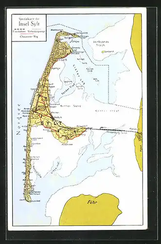 AK Sylt, Landkarte der Insel aus der Vogelschau mit Hindenburg Damm