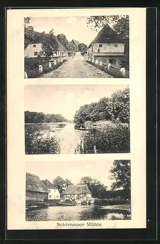 AK Bünsdorf, Schirnauer Mühle, Strassenpartie im Ort, Boot auf dem See