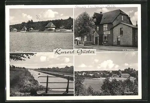 AK Güster, Lebensmittel v. K. L. Mietzner, Strandbad, Elb-Trave-Kanal, Fischerei