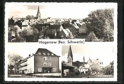 AK Hagenow /Bez. Schwerin, Teilansicht, Kreiskrankenhaus, Blick auf Schule und Kirche