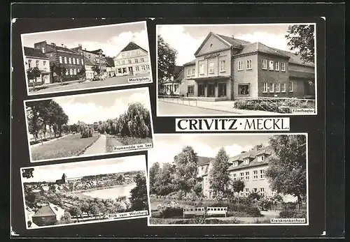 AK Crivitz /Meckl., Marktplatz mit Geschäft, Filmtheater, Kreiskrankenhaus