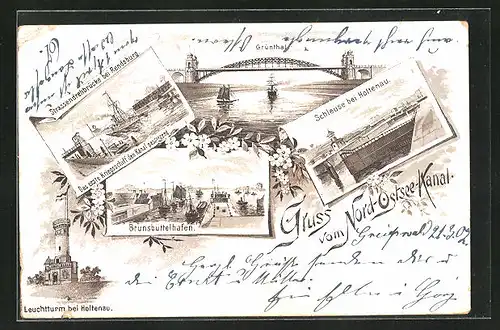 Lithographie Holtenau, Schleuse, Leuchtturm, Brunsbüttelhafen