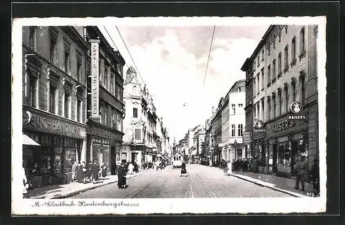 AK M.-Gladbach, Hindenburgstrasse mit Geschäften und Strassenbahn