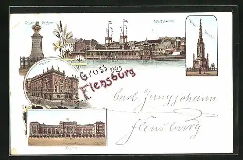 Lithographie Flensburg, Kaiserdenkmal und Schiffspavillon, Theater, Kaserne