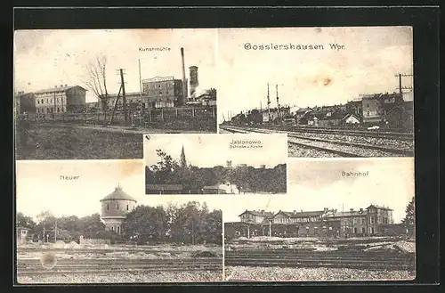 AK Gosslershausen / Jablonowo, Kunstmühle, Neuer Bahnhof, Schloss und Kirche