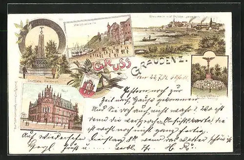 Lithographie Graudenz / Grudziadz, Weichselseite, Kriegerdenkmal, Postamt