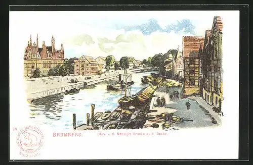 Lithographie Bromberg / Bydgoszcz, Blick von der Danziger Brücke an der Brahe, Dampfer