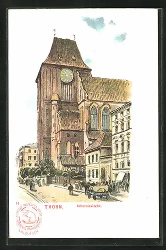 Lithographie Thorn / Torun, Stadtverkehr vor der Johanniskirche