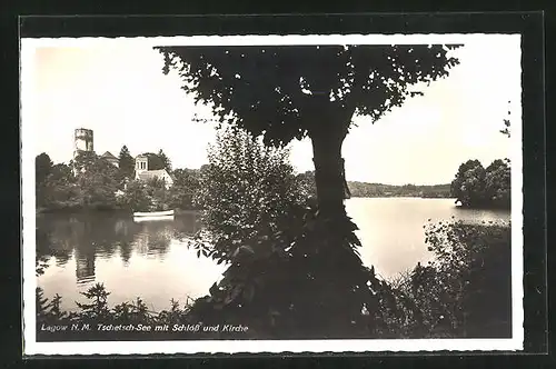 AK Lagow /Nm., Tschetsch-See mit Schloss und Kirche
