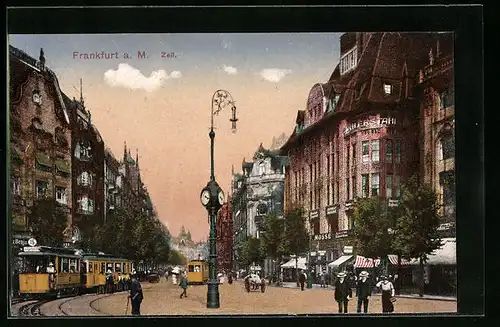 AK Frankfurt a. Main, Zeil mit Geschäften und Strassenbahn