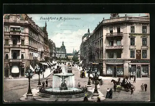 AK Frankfurt a. Main, Kaiserstrasse mit Spingbrunnen und Ladenzeile