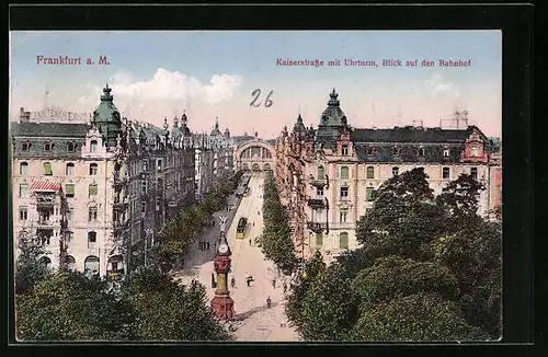 AK Frankfurt a. Main, Kaiserstrasse mit Uhrturm, Bahnhof