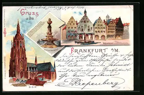 Lithographie Alt-Frankfurt, Dom, Römer, Stoltze-Denkmal