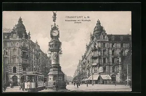 AK Frankfurt am Main, Kaiserstrasse mit Manskopfs-Uhrturm, Strassenbahn