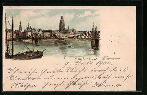 Lithographie Alt-Frankfurt, Segelschiff mit Brücke und Dom