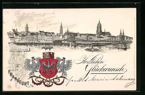Lithographie Alt-Frankfurt, Eiserner Steg und Dom, Wappen