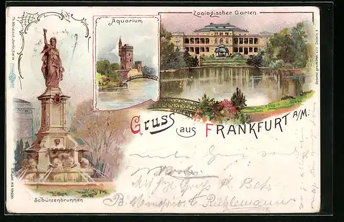 Lithographie Frankfurt-Ostend, Aquarium, Zoologischer Garten, Schützenbrunnen