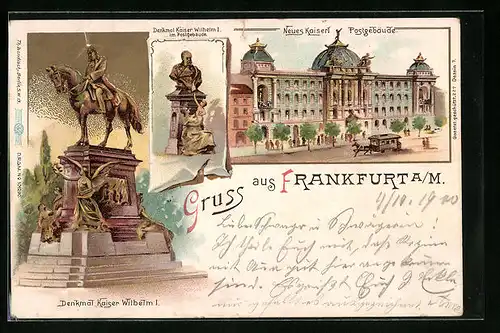 Lithographie Frankfurt am Main, Neues Kaiserliches Postgebäude, Kaiser-Wilhelm-Denkmal