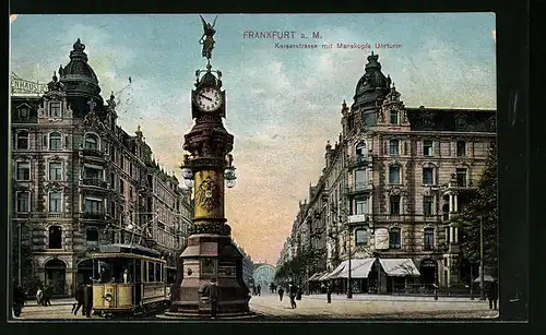 AK Frankfurt am Main, Kaiserstrasse mit Manskopfs Uhrturm, Strassenbahn