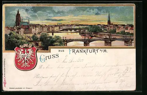 Lithographie Alt-Frankfurt, Flusspartie mit Brücken und Dom, Wappen