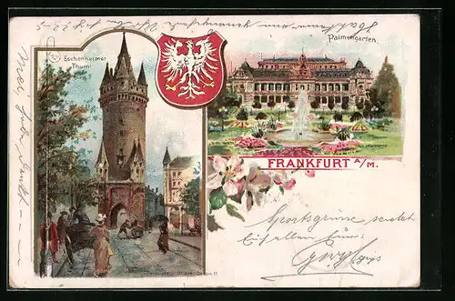 Lithographie Frankfurt am Main, Eschenheimer Turm, Palmengarten