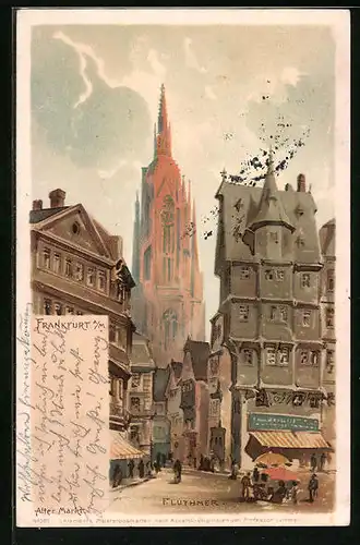 Lithographie Alt-Frankfurt, Alter Markt mit Blick zur Kirche, Fluthmer