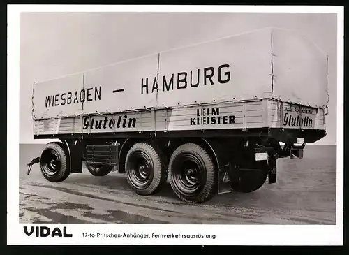Fotografie Lastwagen Anhänger mit Fernverkehrsausrüstung, Vidal Karosseriebau Hamburg, Reklame Glutolin Leim-Kleister