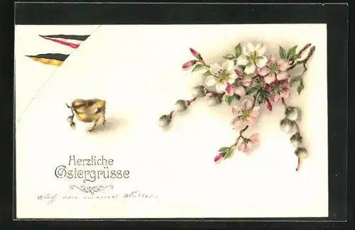 AK Ostergrüsse, Osterküken, Blüten, Österreichische und Kaiserreichsflagge