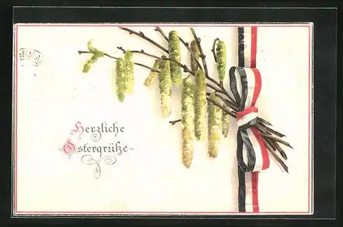 AK Ostergrüsse, Zweige mit Schleife in den Farben d. Kaiserreiches